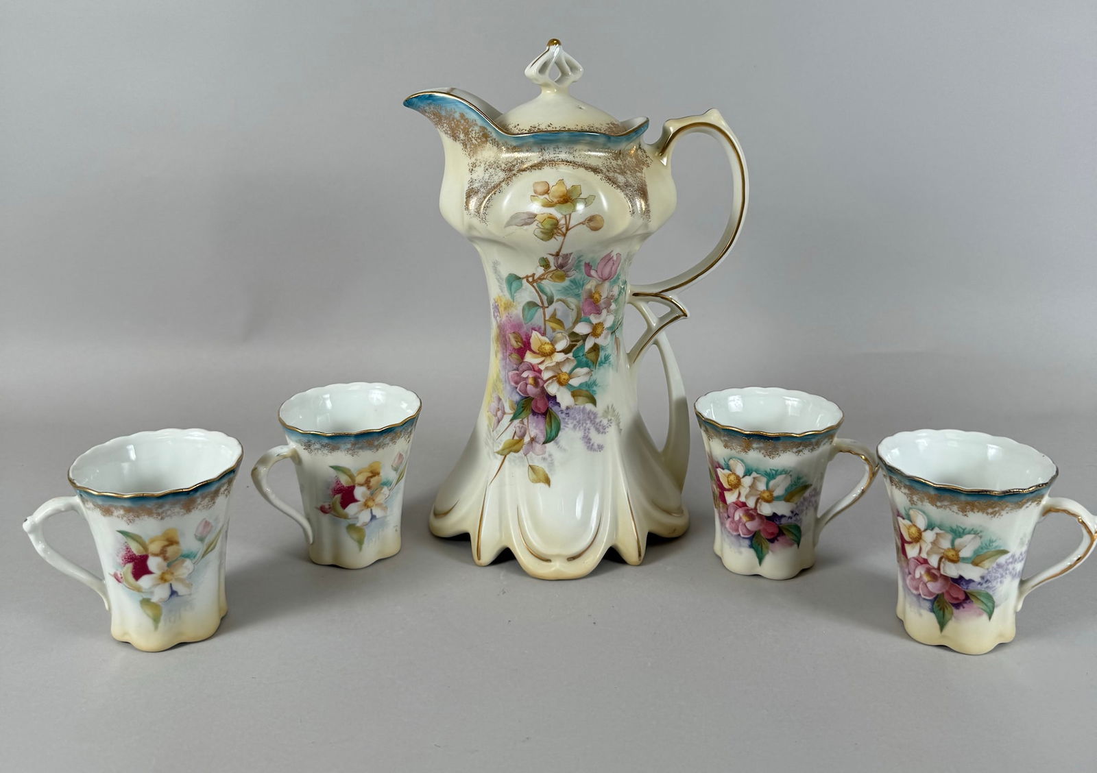 Lot of 5 - Vintage Prussia Floral Pattern China Tea Pot and 4 Cups (1 of 15)