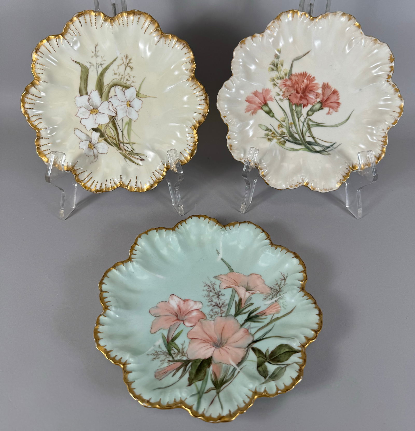 Set of 3 - Vintage A Lanternier Limoges Floral Pattern Gold Embossed Plates (1 of 12)