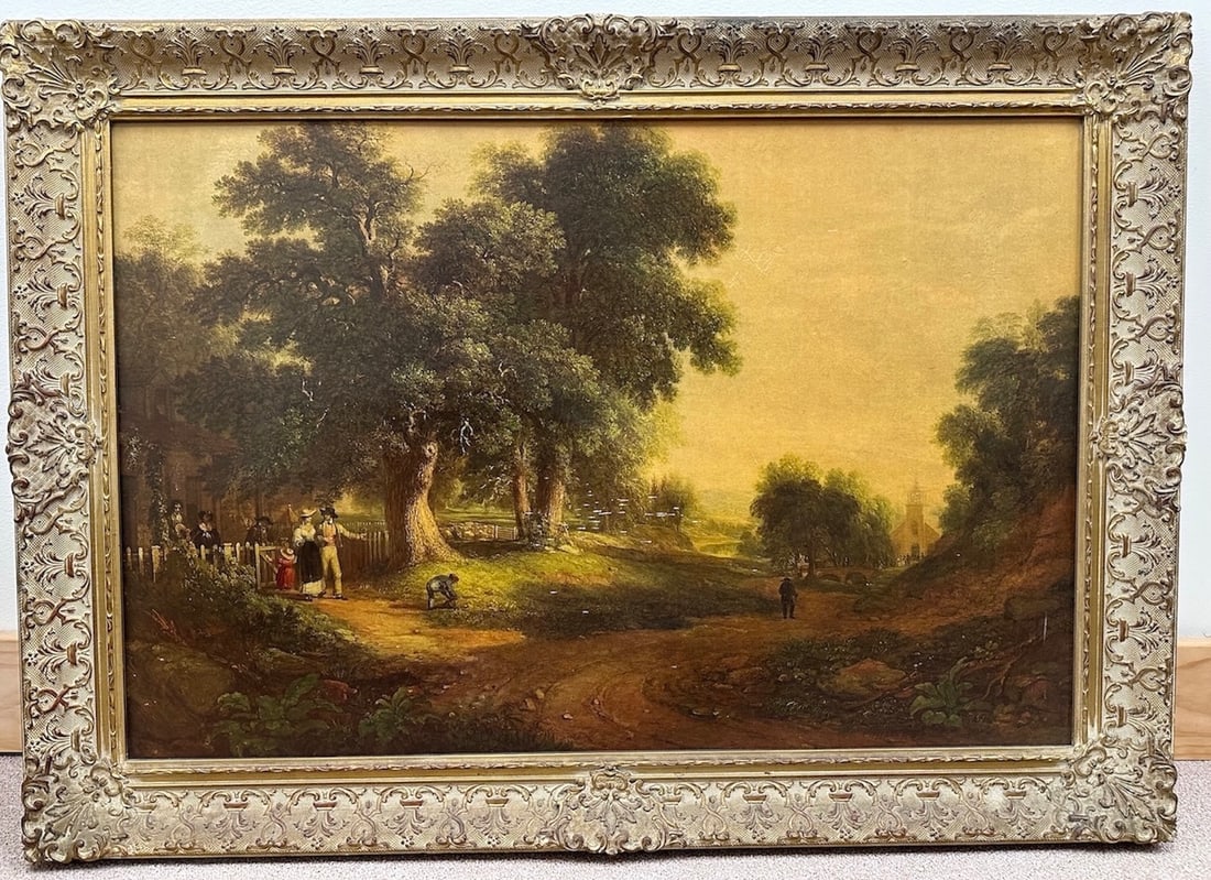 Vintage Rural Landscape Print: A landscape depicting a rural scene, likely inspired by the famous work "The Hay Wain" by John Constable. Print. D: 30" H x 42" W. Sight: 23" H x 35" W.