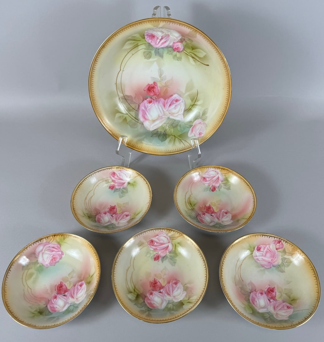 Set of 6 - Vintage RS Prussia Gold Rim Pink Rose Serving and Berry Bowls (1 of 14)