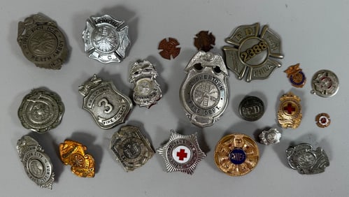 Lot of 21 - Vintage Fire Department Badges Pins Various Sizes and Shapes