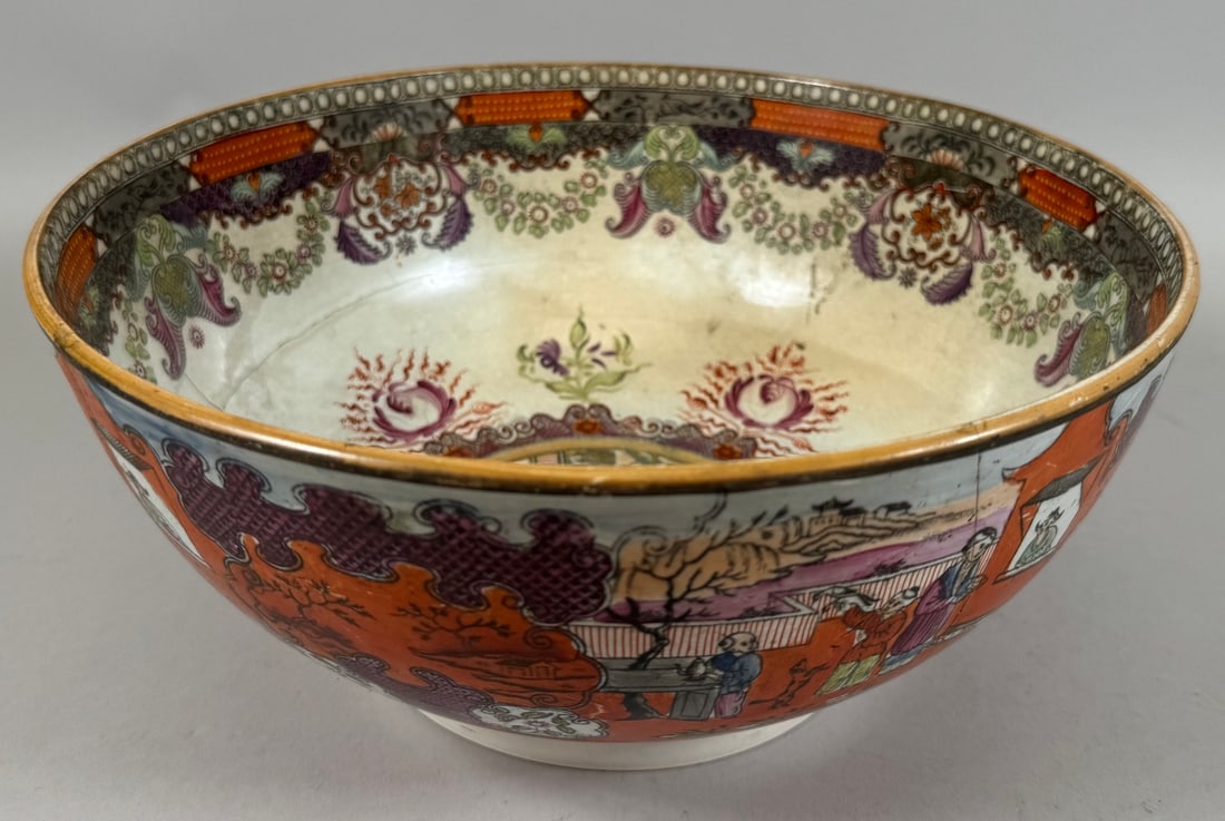 Antique Chinese-Style Porcelain Serving Bowl: Antique Chinese-style Porcelain Serving Bowl. Possibly made in England. D: 5"h x 11"d.
