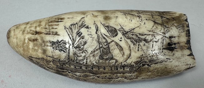 Antique Scrimshaw Faux Whale Tooth "U.S. Constitution Capturing the Frigate Guerriere"