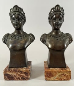One (1) Pair Vintage Bronze Marble Female Bust Bookends