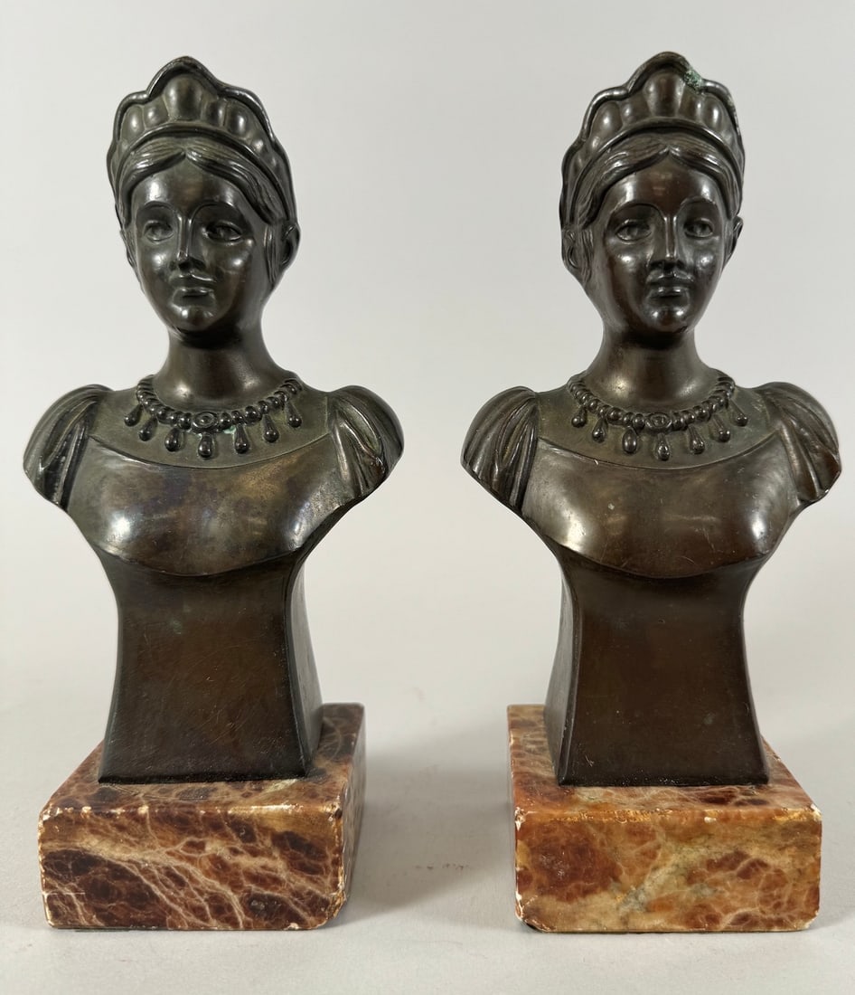 One (1) Pair Vintage Bronze Marble Female Bust Bookends (1 of 10)