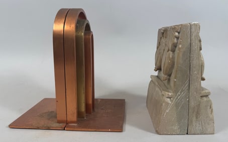 Lot of 2 -  Chase Art Deco Copper/Brass "Arch" Bookends Walter Von Nessen Design & Carved Soapstone