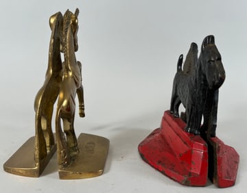 Lot of 2 -  Two (2) Pairs Vintage Brass Unicorn & Art Deco Scotty 1929 Cast Iron Bookends