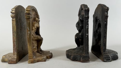 Lot of 2 - Two Pairs (2) Vintage "Thinking Man" Cast Iron Gold/Black Finish Bookends