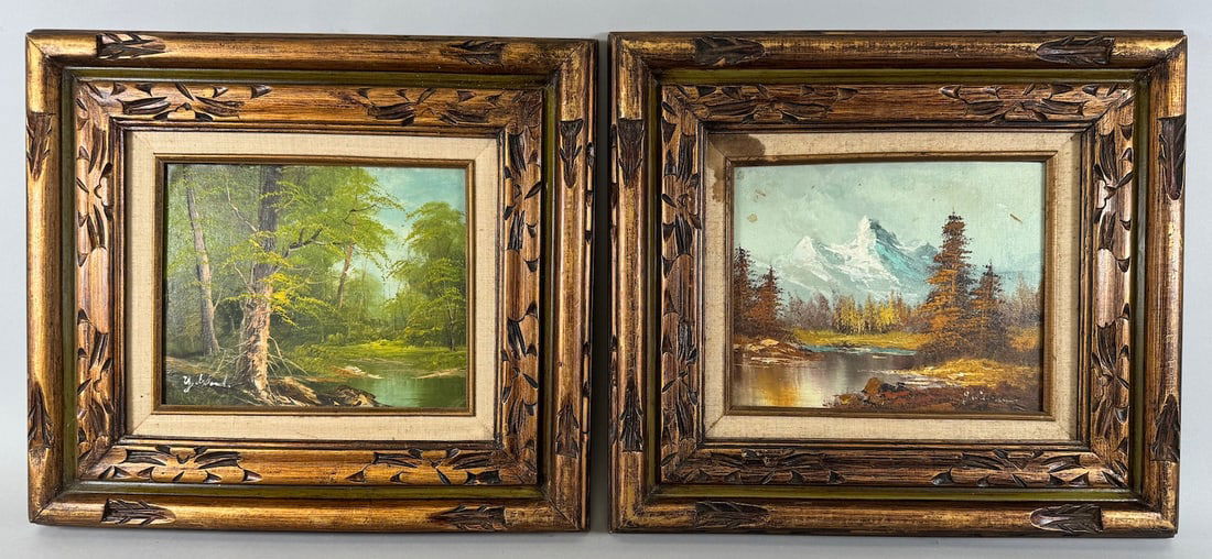 Lot of 2 - Vintage Mountain & Wooded Landscape Oil Painting: 1- Vintage mountain landscape oil painting. Illegibly signed. 2- Vintage wooded landscape oil painting. Signed Y. Wood. D: Frame 17.5"h x 15.5"w, sight 9.5"h x 7.75"w.