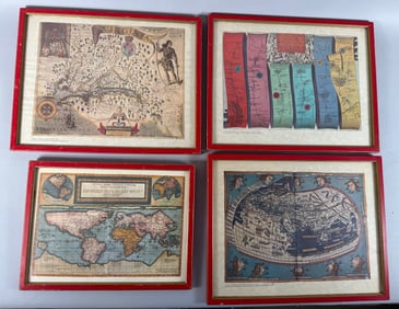 Lot of 4 - Framed World Map by Claudius Ptolemy, 1482. Framed London Road Map by John Ogilby, 1675.