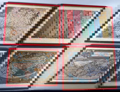 Lot of 4 - Framed World Map by Claudius Ptolemy, 1482. Framed London Road Map by John Ogilby, 1675.: Framed World Map by Claudius Ptolemy, 1482. Framed London Road Map by John Ogilby, 1675. Framed Map of Virginia by John Smith, 1612. Dutch World Map by Cornelis Jode, 1589. Print. These are vintage re