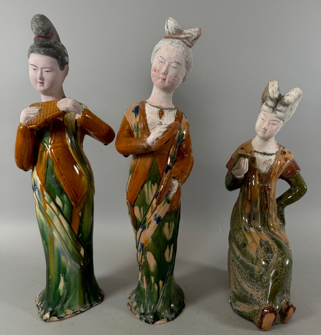 Lot of 3 - Vintage Chinese Tang Sancai Women Glazed Clay Mud Figures (1 of 15)