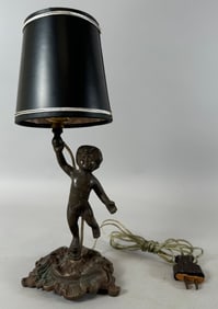 Vintage Victorian Copper Brass Cherub Child Table Lamp with Shade. D: 11"l x 4.25"w x4.25"w.