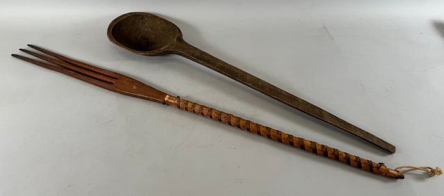 Lot of 2 - Vintage Hand Carved Wooden Spoon and Fork Large Wall Hanging