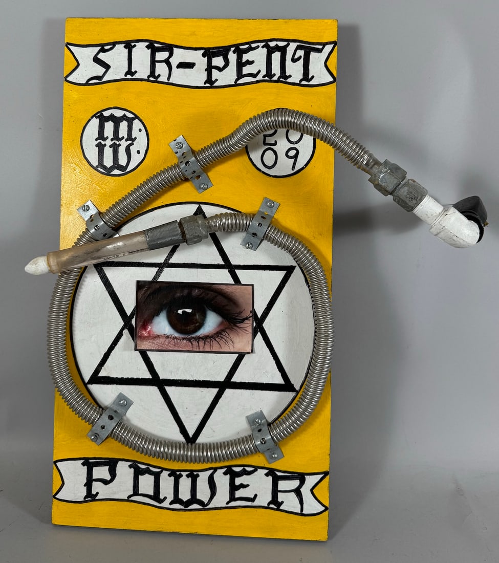 Mixed Media Assemblage Art " Sir-Pent Power" Signed M.W. 2009: Mixed media assemblage "Sir-Pent Power" on wood panel. Signed and dated, M.W., 2009. D: 22"h x 11.75"w.