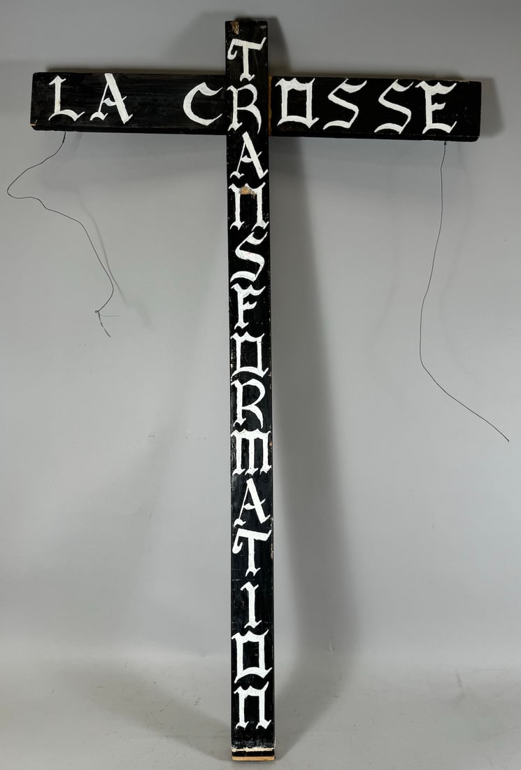 Wood Cross Mixed Media Abstract Art "La Crosse Transformation" Signed Dated M.W. 2008: Wood Cross Mixed Media Abstract Art Cross "La Crosse Transformation." Signed and Dated, M.W., 2008. D: 28.25"w x 1.5"d x 48"h.