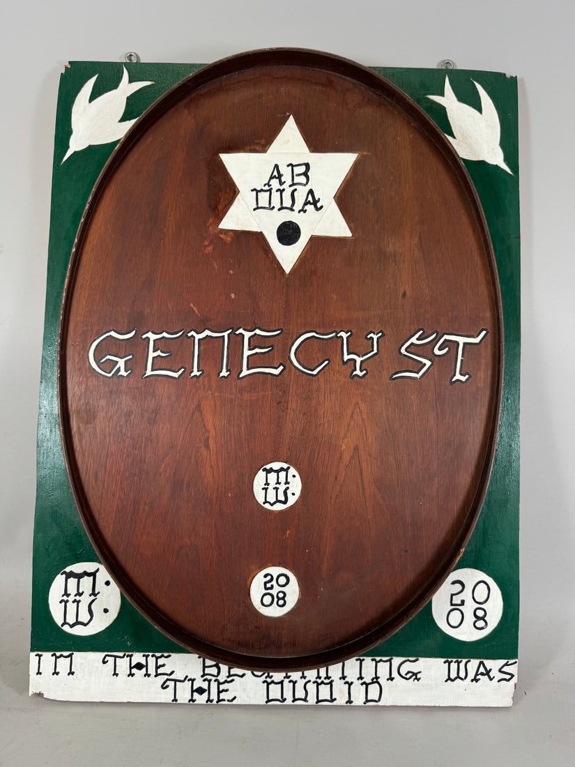 Mixed Media Abstract Art "Genecyst" on plywood Signed M.W. 2008: Mixed media abstract art "Genecyst" on plywood. Signed and dated, M.W., 2008. D: 26.75"h x 20"w x 1.50"d.