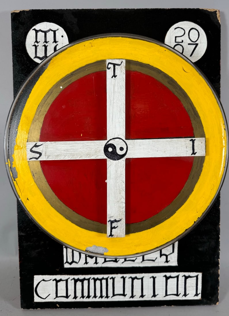 Mixed Media Assemblage Art "Wholly Communion" on Plywood. Signed M.W. 2007: Mixed media assemblage art "Wholly Communion" on plywood. Signed and dated, M.W., 2007.