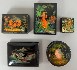 Mixed Lot of 5  - Vintage Chinese and Soviet (Russian) Lacquer Paper Mache Boxes USSR