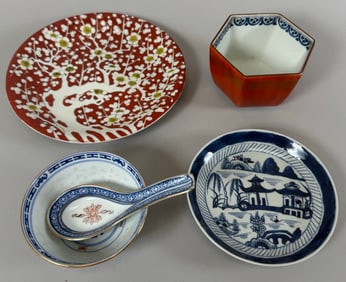 Lot of 5 - Vintage Chinese/Japanese Porcelain Plates Rise Bowls & Spoon