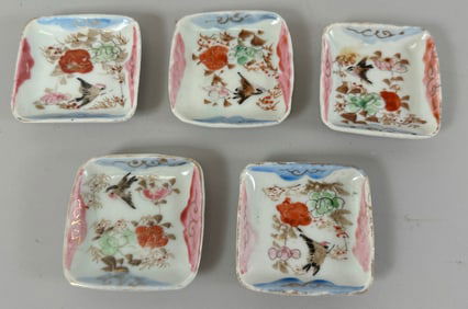 Lot of 5 - Vintage Asian Sushi Soy Sauce Dishes Floral & Bird Design Hand Painted