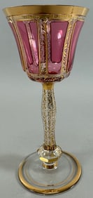 Vintage Moser Gilt Cranberry Panel Bohemian Cabochon Wine Glass