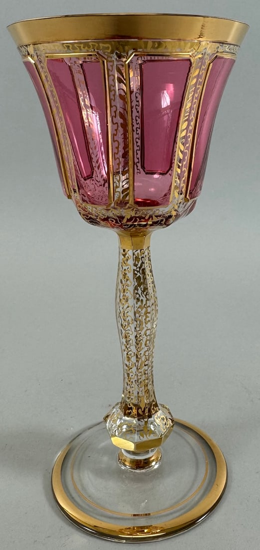 Vintage Moser Gilt Cranberry Panel Bohemian Cabochon Wine Glass: Vintage Moser Gilt Cranberry Panel Bohemian Cabochon Wine Glass. D: 7.25"h x 3.25"d.