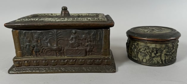 Lot of 2 - Vintage Copper Embossed Relief Scene Lined Trinket Boxes