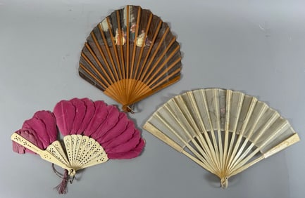 Lot of 3 - Vintage Hand Held Folding Fans - Japanese Silk Bamboo Hand Fan, Spanish Silk Handmade Fan