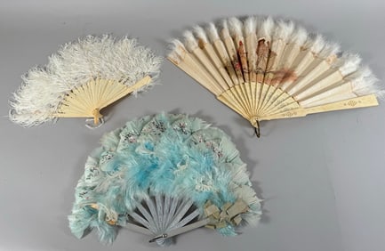 Lot of 3 - Vintage Hand Held Folding Fans - Ostrich Feather Hand Fan, Silk Hand Fan with Feathers,