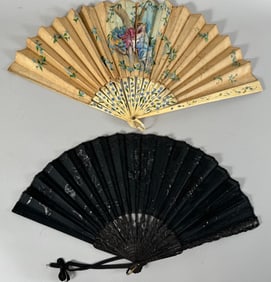 Lot of 2 - Vintage Hand Held Folding Fans - Silk & Black Sequins Embroidery Hand Held Fans