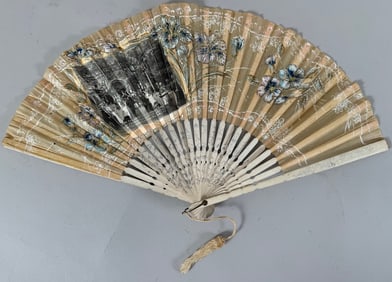 Lot of 3 - Vintage Hand Held Folding Fans: Floral Design with Sparkles,  Lace with Flowers &  Wood