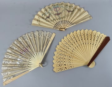 Lot of 3 - Vintage Hand Held Folding Fans - Engraved Wood Fan, Victorian Style Silk Lace Organza