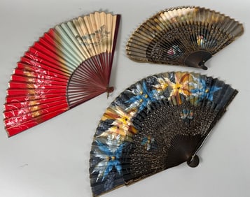 Lot of 3 - Vintage Hand Held Folding Fans - Handheld Floral Paper Fan, Hand Painted Floral Fan &