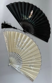 Lot of 2 - Vintage Large Hand Held Folding Fans - Silk and Hand Carved Wood Fan & Possibly French