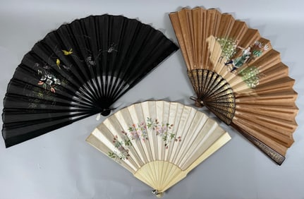 Lot of 3- Vintage Hand Held Folding Fans - Black Victorian Silk Fan, Hand Painted Silk Fan with