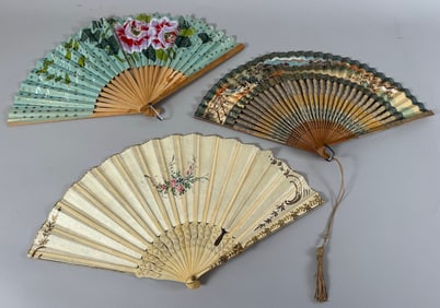 Lot of 3 - Vintage Hand Held Folding Fans - Japanese Hand Painted Floral Paper Fan, Possibly