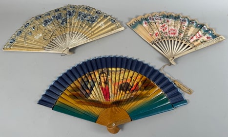 Lot of 3 - Vintage Hand Held Folding Fans - Spanish Flamenco Bullfight Design Fan, Hand Painted Blue