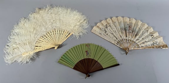 Lot of 3 - Vintage Hand Held Folding Fans - Ostrich Feather, Bamboo & Lace with Mother of Pearls