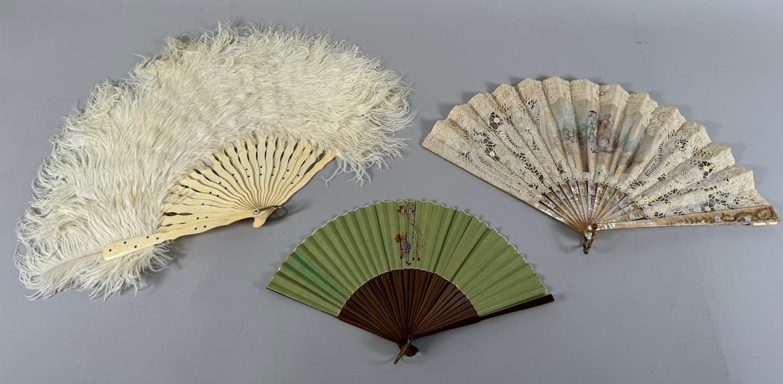 Lot of 3 - Vintage Hand Held Folding Fans - Ostrich Feather, Bamboo & Lace with Mother of Pearls (1 of 19)