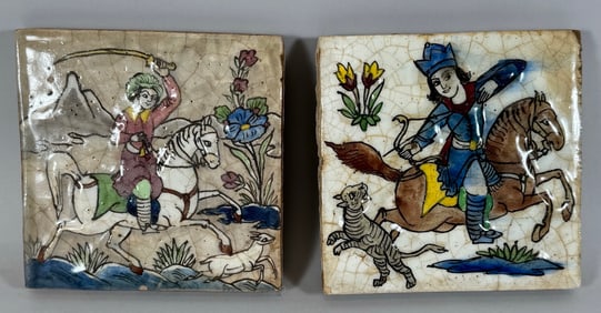 Lot of 2 - Vintage "hunting Man" Scene Hand Painted Ceramic Glazed Wall Tiles