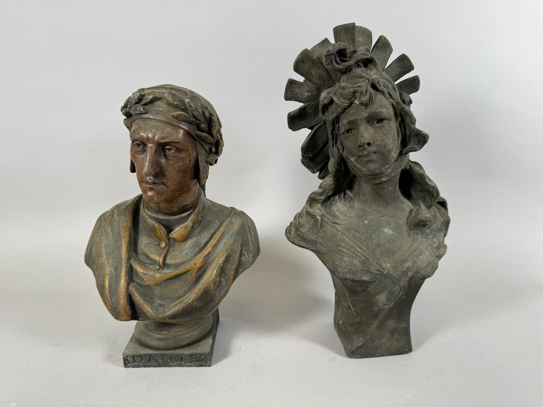 Lot of 2 - Bronze Dante Bust, Signed Emile Guillemin & Bust of a Lady by Anton Nelson Signed (1 of 10)
