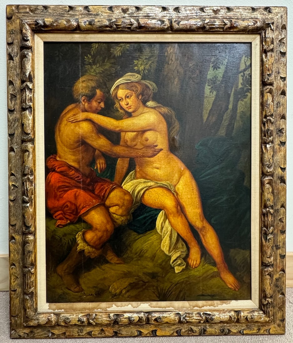 Lover in Forest' Painting Framed Signed Bucich: Lover in Forest' framed painting. Signed Bucich. D: Frame 37.5"h x 31.5"w, smallest 29.5"h x 23.5"w.