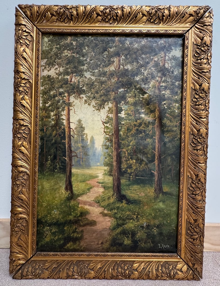 Oil painting "Forest Path" Ornate Embossed Framed Art Signed E. Reinna (1 of 10)