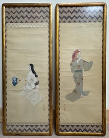 Pair of Japanese Woodblock Scroll Prints Signed