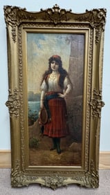 Egisto Ferroni 'Girl with Tamborine' Oil Painting Framed Signed