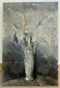 Flowers in Vase Oil Painting on Canvas Illegibly Signed