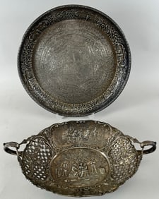 Lot of 2 - Vintage German/Dutch Silver Basket and Plate