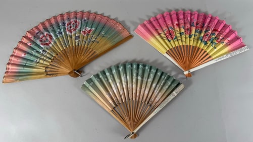 Lot of 3 - Vintage Japanese Paper Floral Hand Held Folding Fans Advertising Fan
