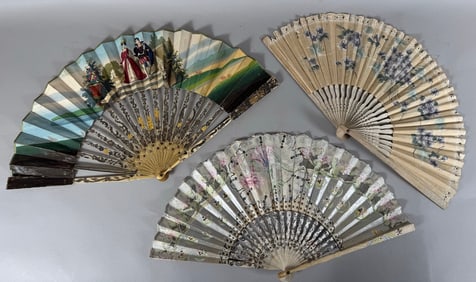 Lot of 3 - Vintage Victorian and Japanese Style Paper Folding Fans